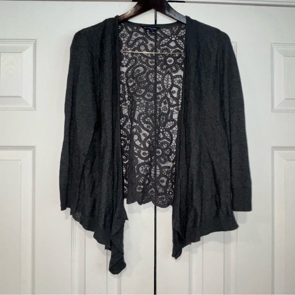American Eagle Women’s Gray Open Front 3/4 Sleeve Cardigan Lace Back XL